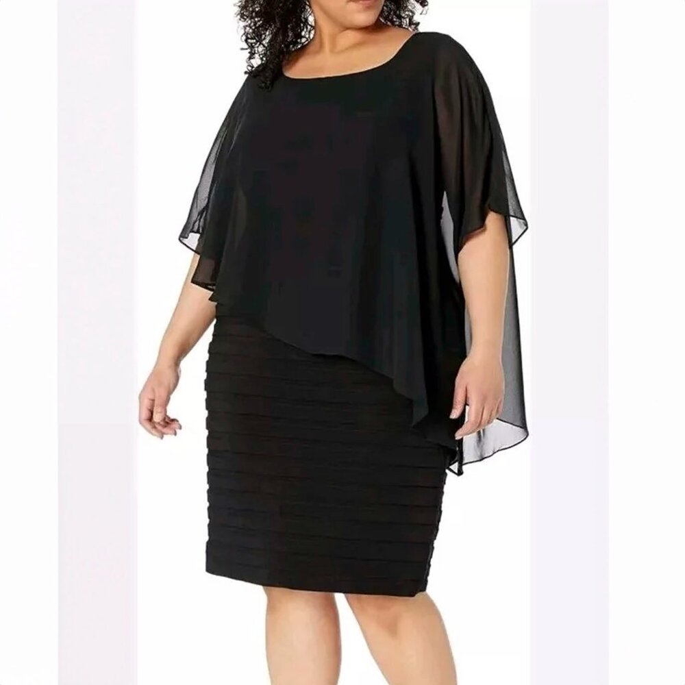 Adrianna Papell Black Chiffon Drape Overlay Banding Short Night Out Dress 18W